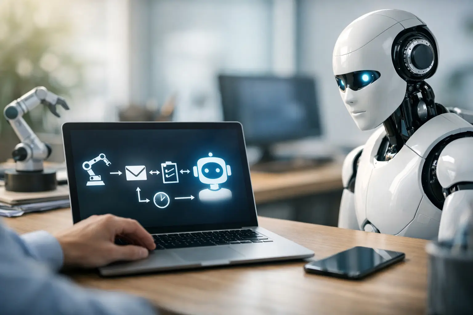 Robots y tecnología en oficina con inteligencia artificial y automatización.