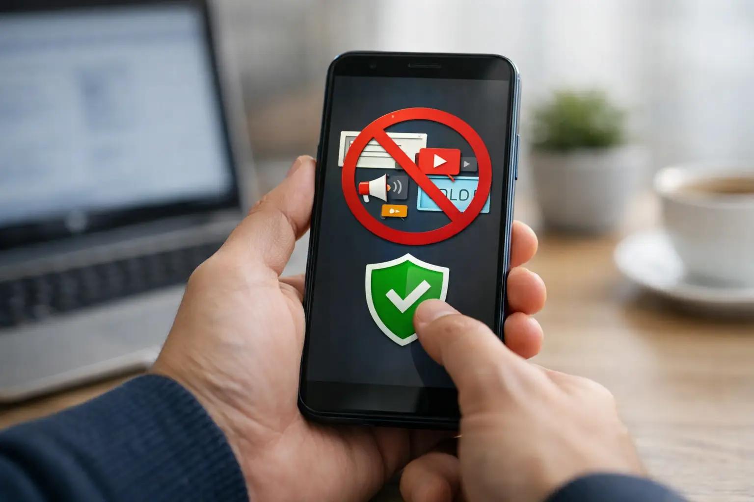 Persona usando teléfono móvil con símbolo de prohibido y protección digital.