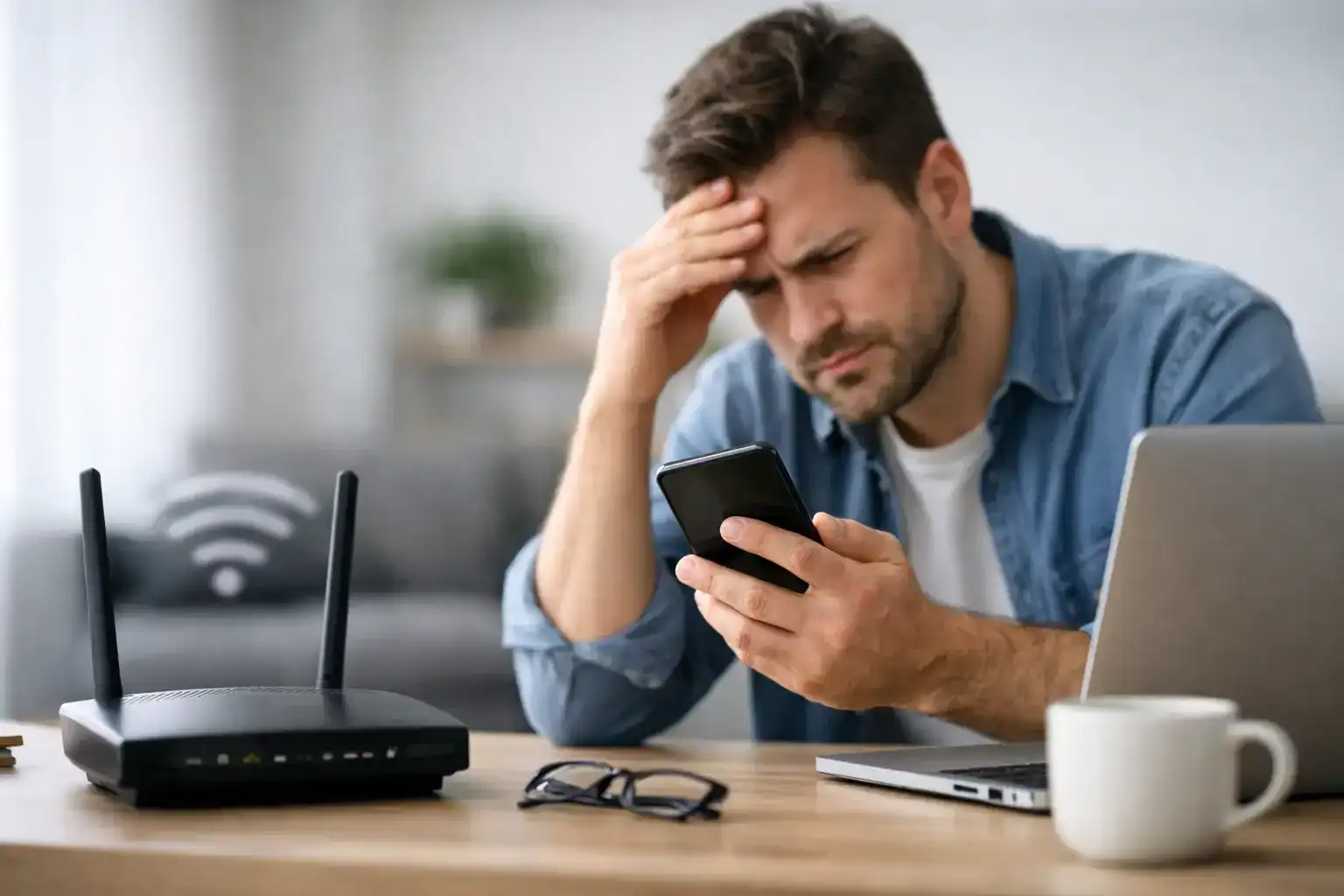 Hombre con dolor de cabeza usando móvil en oficina con router Wi-Fi.