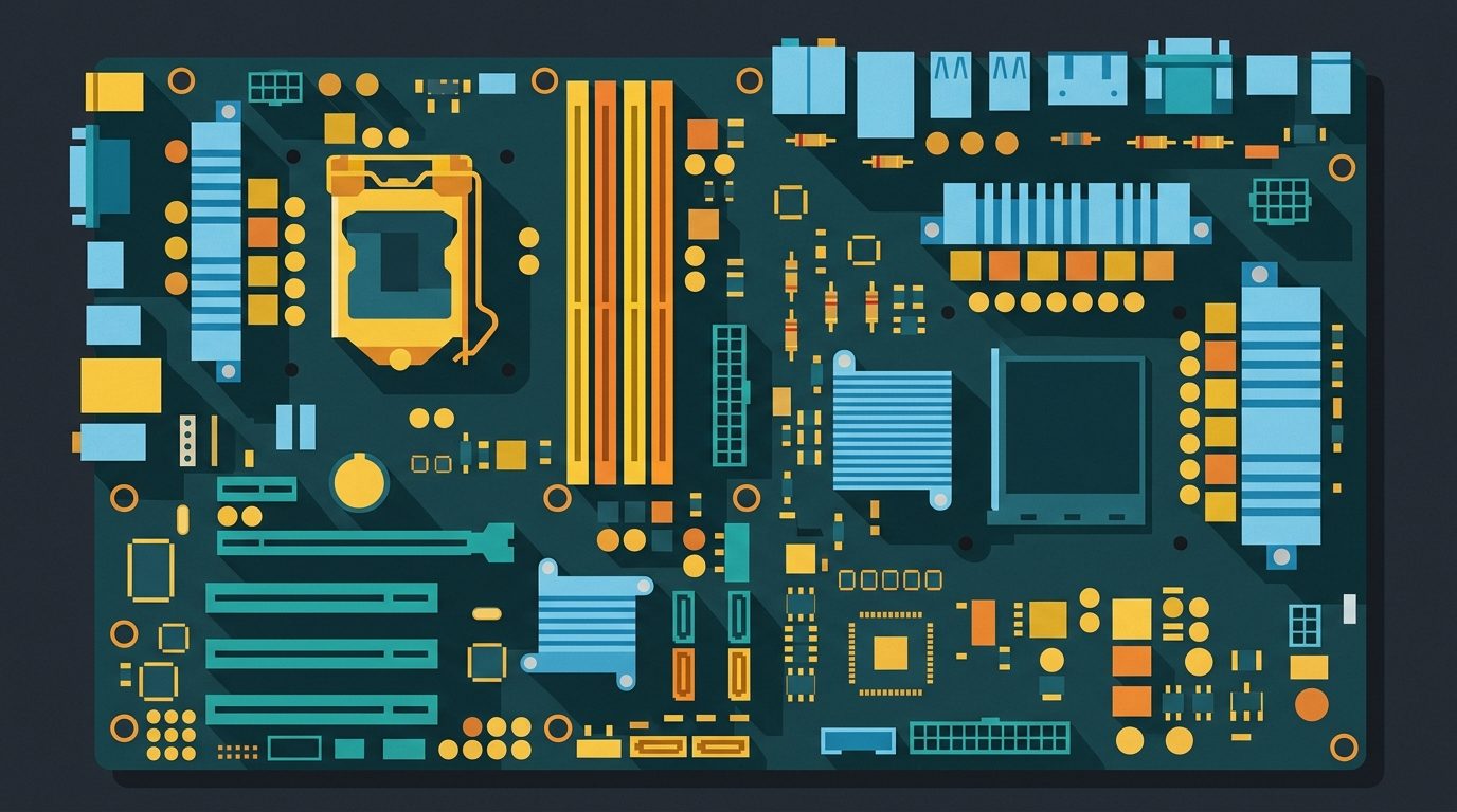 Placa base de ordenador con sus componentes electrónicos visibles claramente.