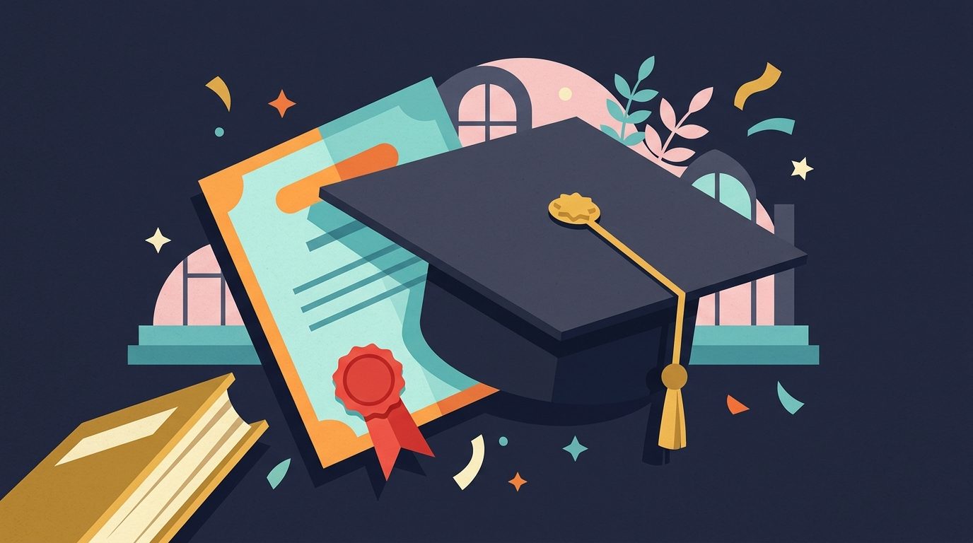 Un birrete de graduación sobre una mesa de estudio con libros.