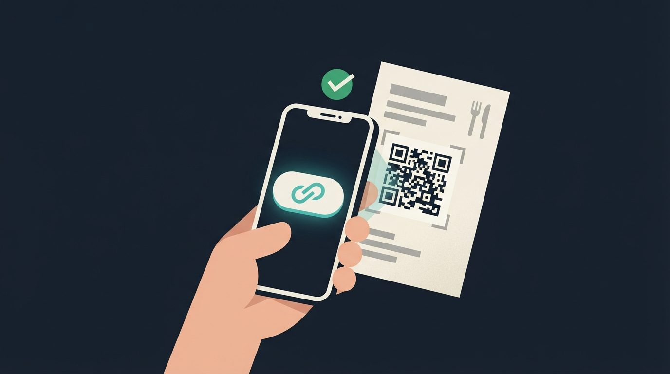 Móvil enfocando un código QR con un enlace de acceso en pantalla.