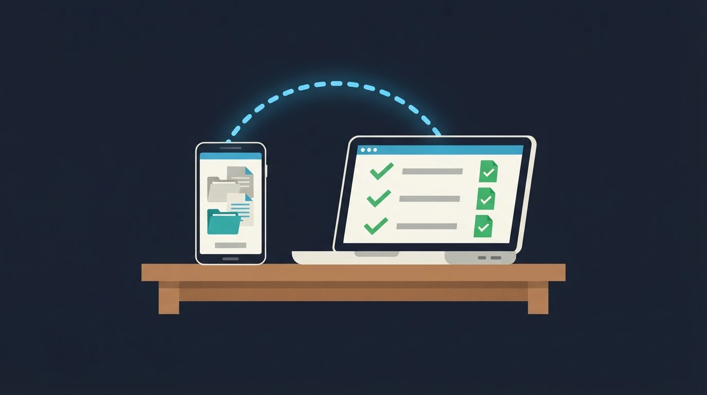 Smartphone y ordenador portátil conectados mediante una transferencia inalámbrica de archivos con iconos.